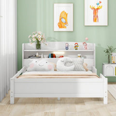 Bellemave® Wood Platform Bed with Built - in LED Light, Storage Headboard and Guardrail - Bellemave