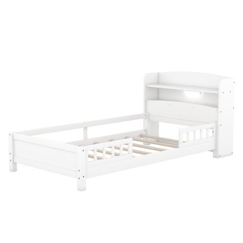 Bellemave® Wood Platform Bed with Built - in LED Light, Storage Headboard and Guardrail - Bellemave