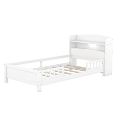 Bellemave® Wood Platform Bed with Built - in LED Light, Storage Headboard and Guardrail - Bellemave