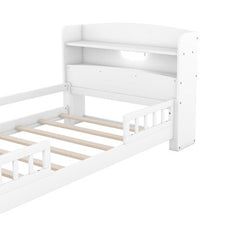 Bellemave® Wood Platform Bed with Built - in LED Light, Storage Headboard and Guardrail - Bellemave