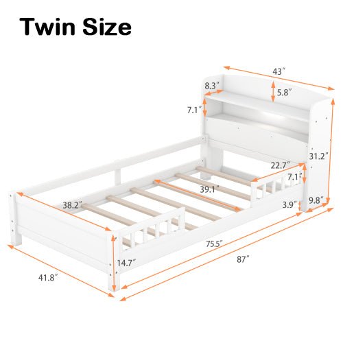 Bellemave® Wood Platform Bed with Built - in LED Light, Storage Headboard and Guardrail - Bellemave