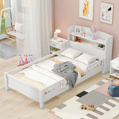 Bellemave® Wood Platform Bed with Built - in LED Light, Storage Headboard and Guardrail - Bellemave