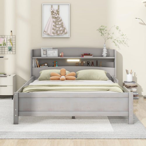 Bellemave® Wood Platform Bed with Built - in LED Light, Storage Headboard and Guardrail - Bellemave
