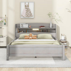 Bellemave® Wood Platform Bed with Built - in LED Light, Storage Headboard and Guardrail - Bellemave