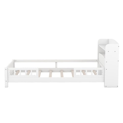 Bellemave® Wood Platform Bed with Built - in LED Light, Storage Headboard and Guardrail - Bellemave