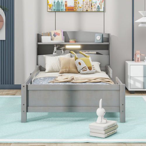 Bellemave® Wood Platform Bed with Built - in LED Light, Storage Headboard and Guardrail - Bellemave