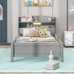 Bellemave® Wood Platform Bed with Built - in LED Light, Storage Headboard and Guardrail - Bellemave