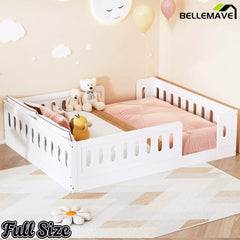 Bellemave® Wood Platform Bed with Guardrail, Montessori Floor Bed Frame, Twin & Full Size - Bellemave