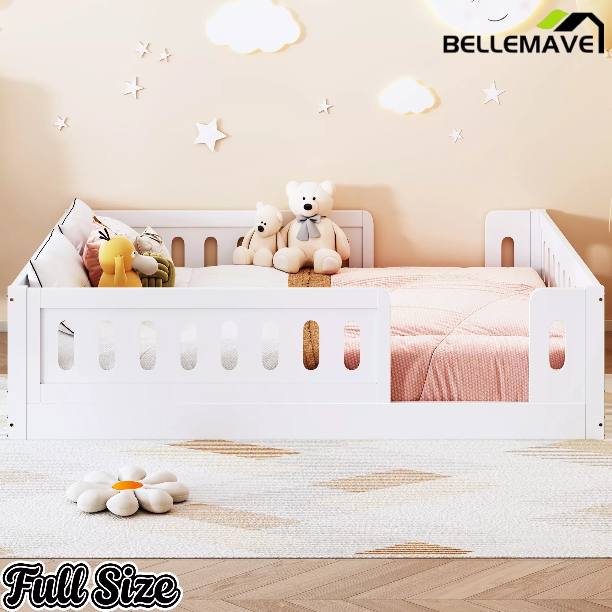 Bellemave® Wood Platform Bed with Guardrail, Montessori Floor Bed Frame, Twin & Full Size - Bellemave