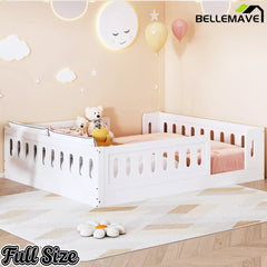 Bellemave® Wood Platform Bed with Guardrail, Montessori Floor Bed Frame, Twin & Full Size - Bellemave
