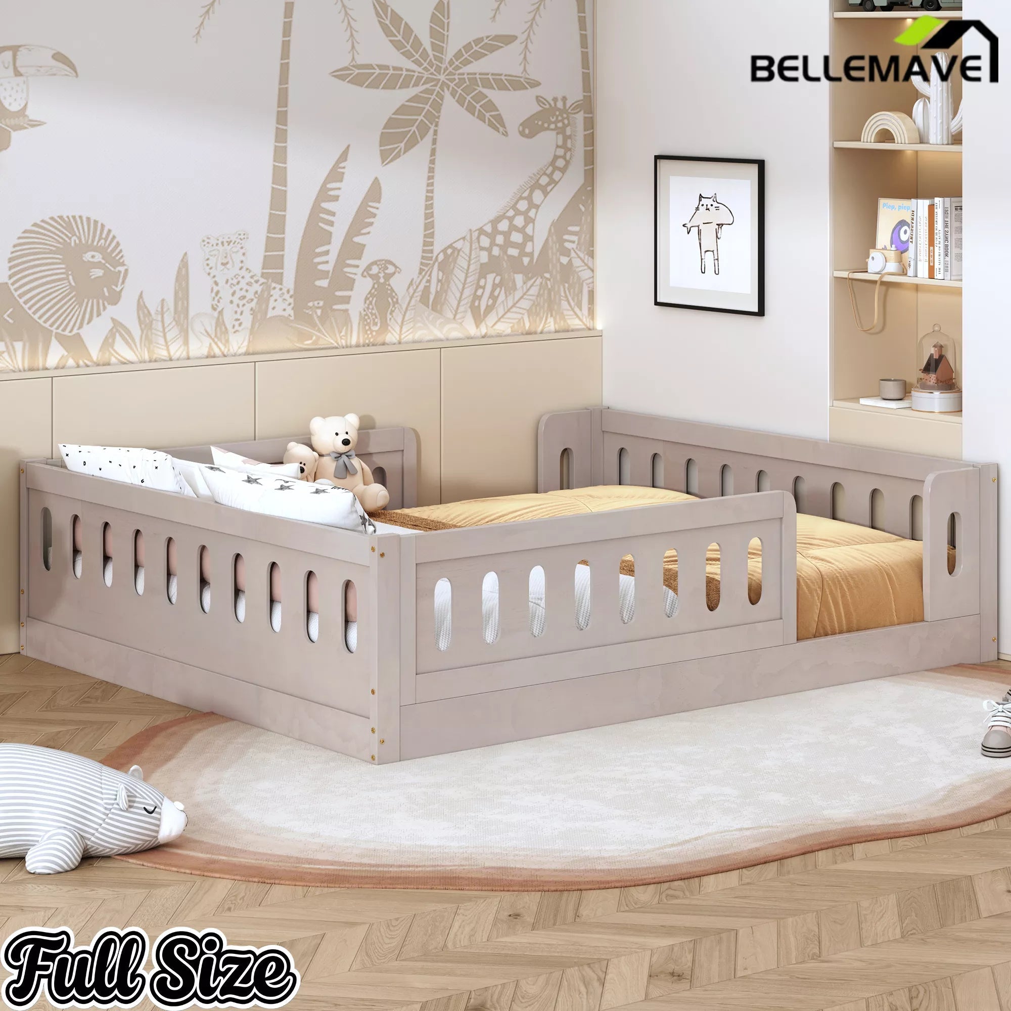 Bellemave® Wood Platform Bed with Guardrail, Montessori Floor Bed Frame, Twin & Full Size - Bellemave