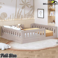 Bellemave® Wood Platform Bed with Guardrail, Montessori Floor Bed Frame, Twin & Full Size - Bellemave