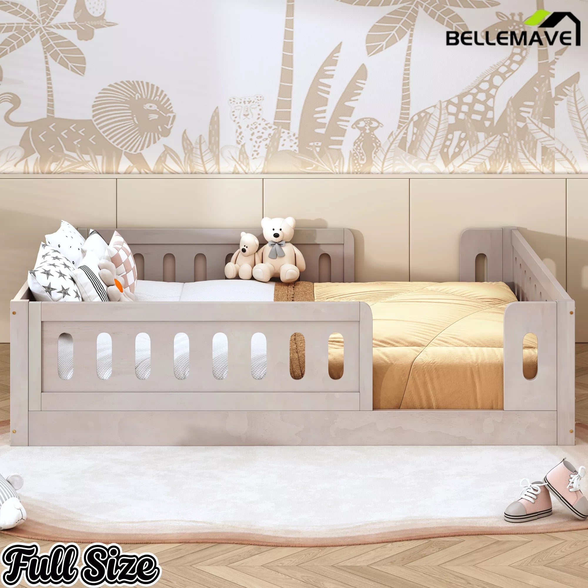 Bellemave® Wood Platform Bed with Guardrail, Montessori Floor Bed Frame, Twin & Full Size - Bellemave