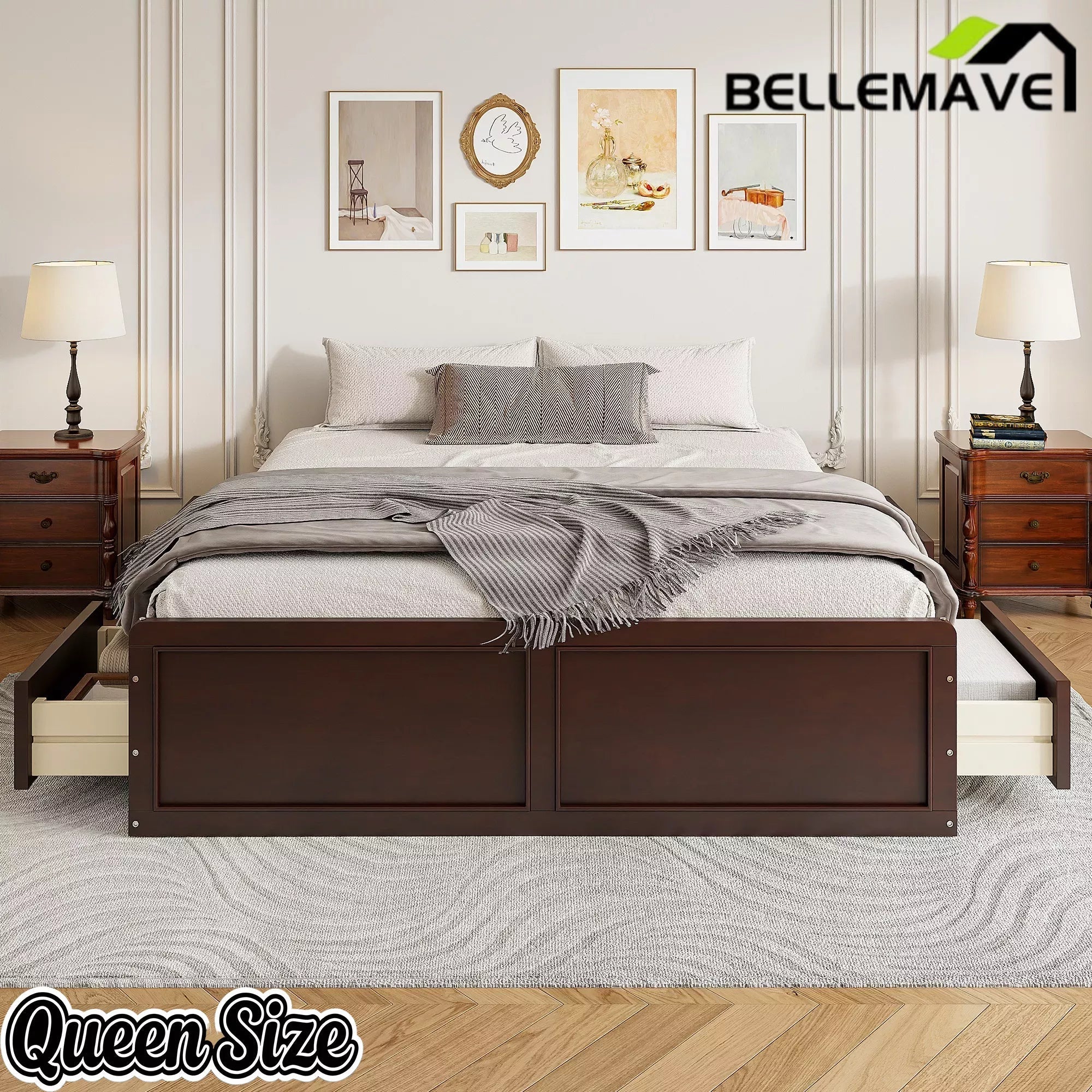 Bellemave® Wood Queen Size Platform Bed Frame with 6 Drawers, Storage Bed Frame Without Headboard for Kids, Teens & Adults - Bellemave