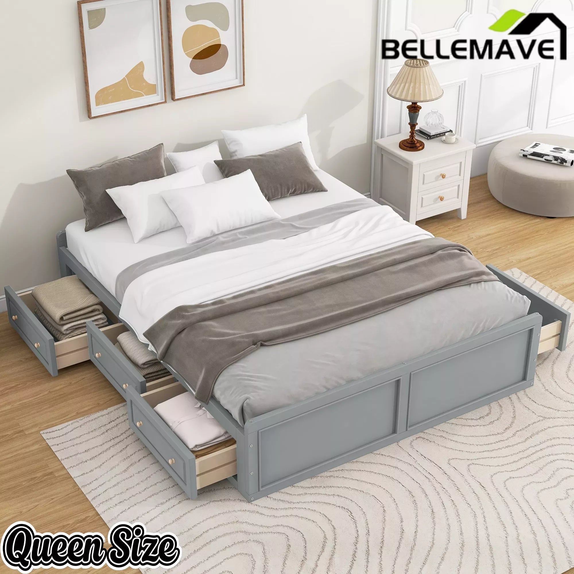 Bellemave® Wood Queen Size Platform Bed Frame with 6 Drawers, Storage Bed Frame Without Headboard for Kids, Teens & Adults - Bellemave