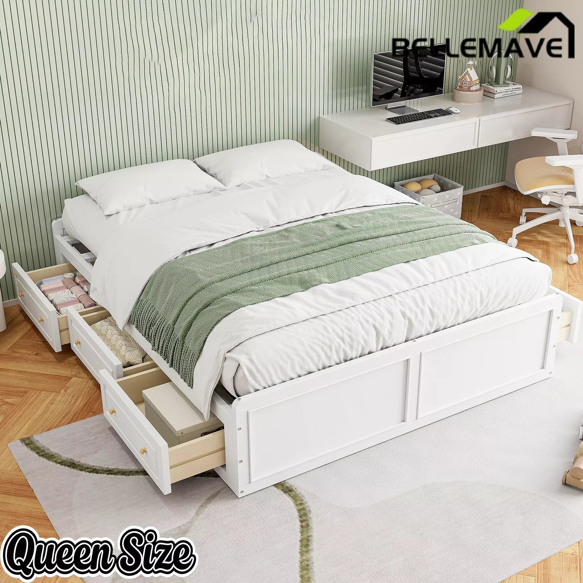 Bellemave® Wood Queen Size Platform Bed Frame with 6 Drawers, Storage Bed Frame Without Headboard for Kids, Teens & Adults - Bellemave