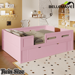 Bellemave® Wood Twin Size Montessori Bed Frame with Guardrail & 1 Large Storage Drawer & Ladder, Wood Platform Bed for Kids - Bellemave