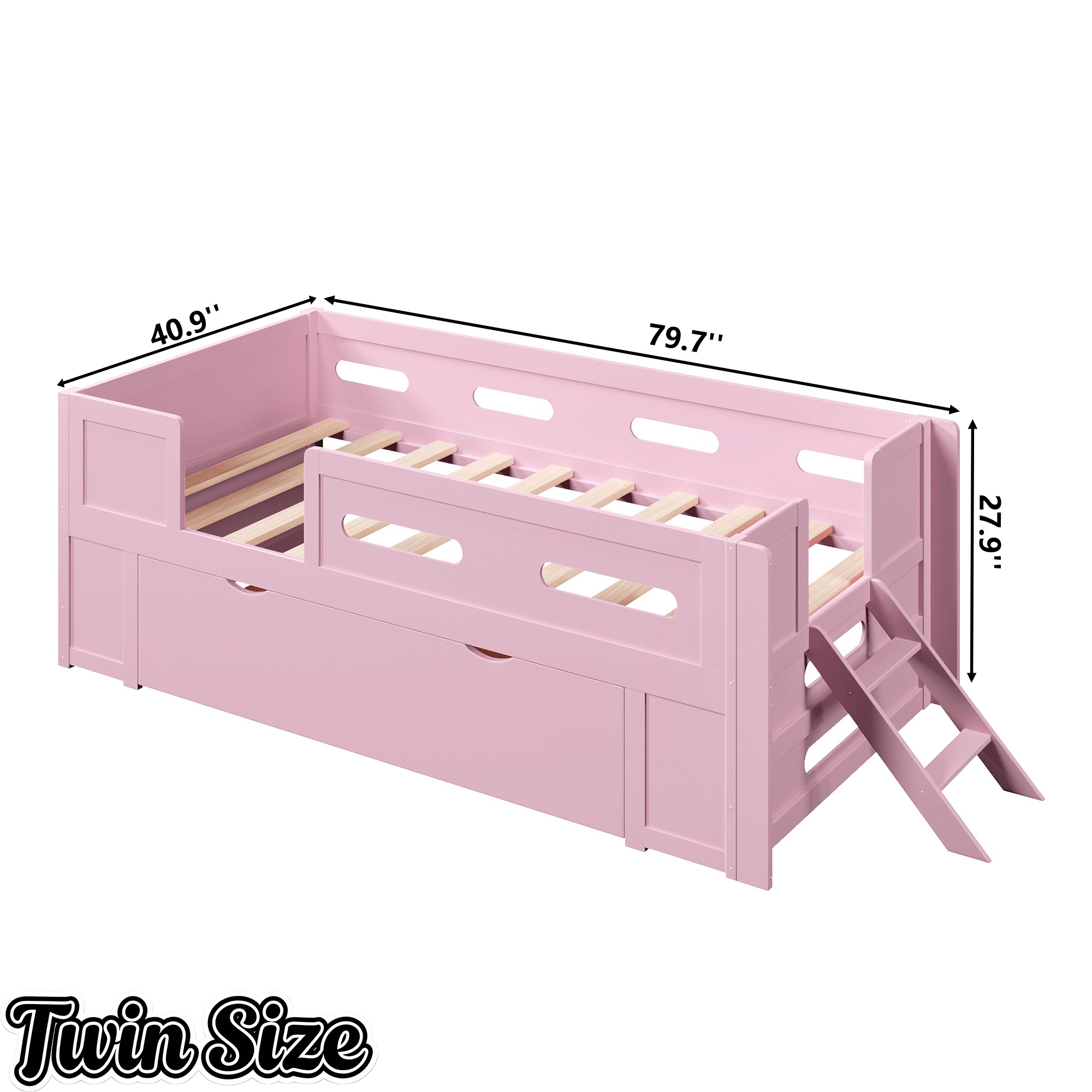 Bellemave® Wood Twin Size Montessori Bed Frame with Guardrail & 1 Large Storage Drawer & Ladder, Wood Platform Bed for Kids - Bellemave