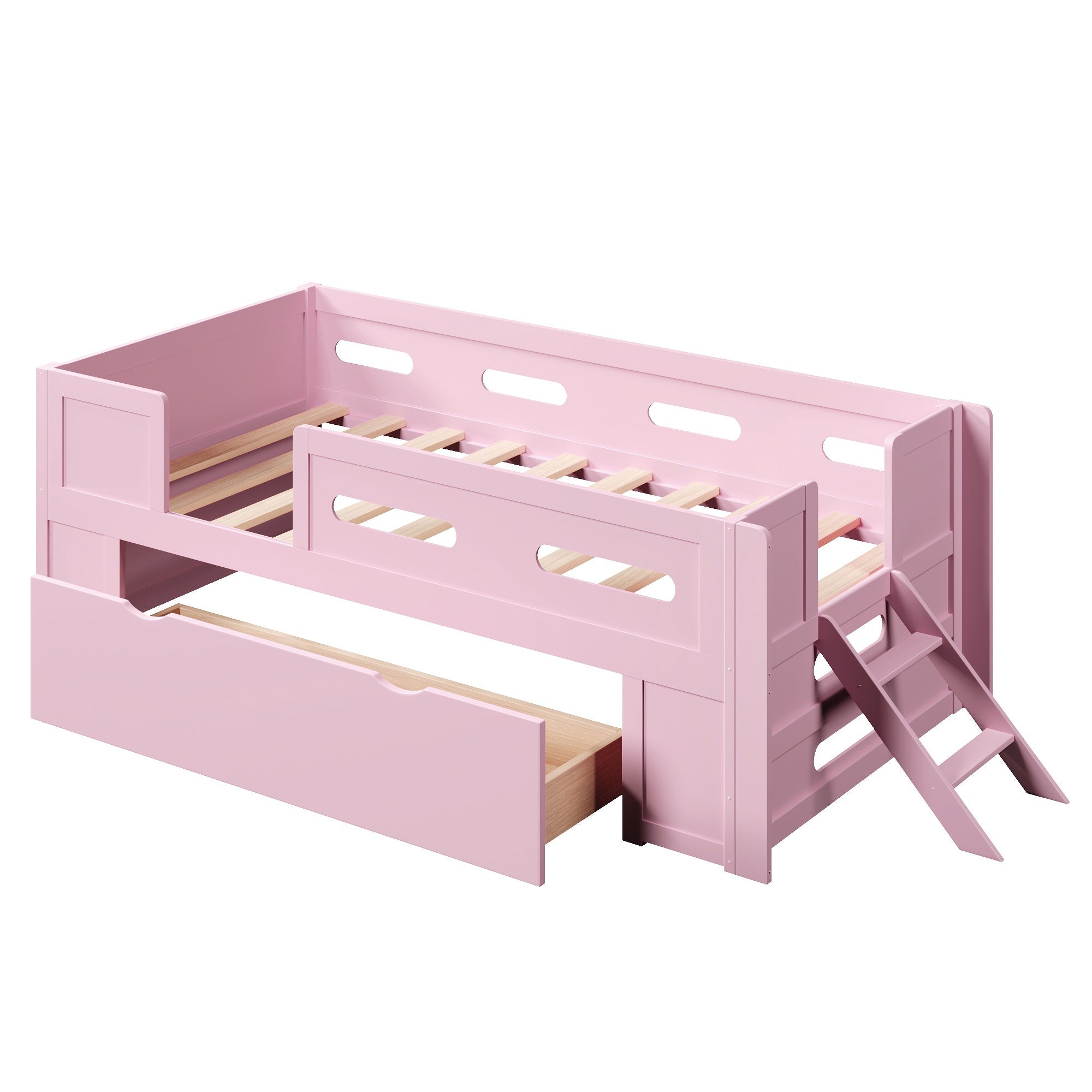 Bellemave® Wood Twin Size Montessori Bed Frame with Guardrail & 1 Large Storage Drawer & Ladder, Wood Platform Bed for Kids - Bellemave