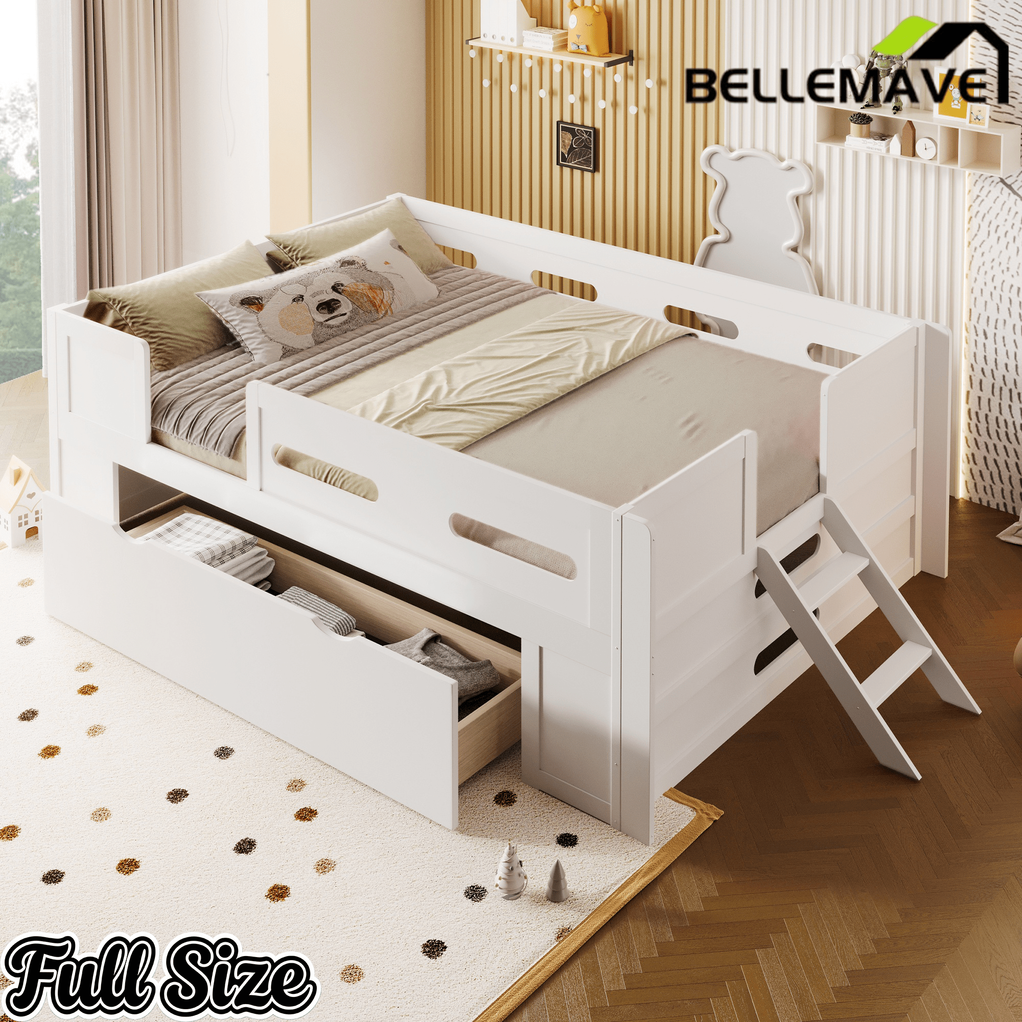 Bellemave® Wood Twin Size Montessori Bed Frame with Guardrail & 1 Large Storage Drawer & Ladder, Wood Platform Bed for Kids - Bellemave