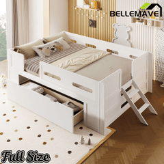 Bellemave® Wood Twin Size Montessori Bed Frame with Guardrail & 1 Large Storage Drawer & Ladder, Wood Platform Bed for Kids - Bellemave