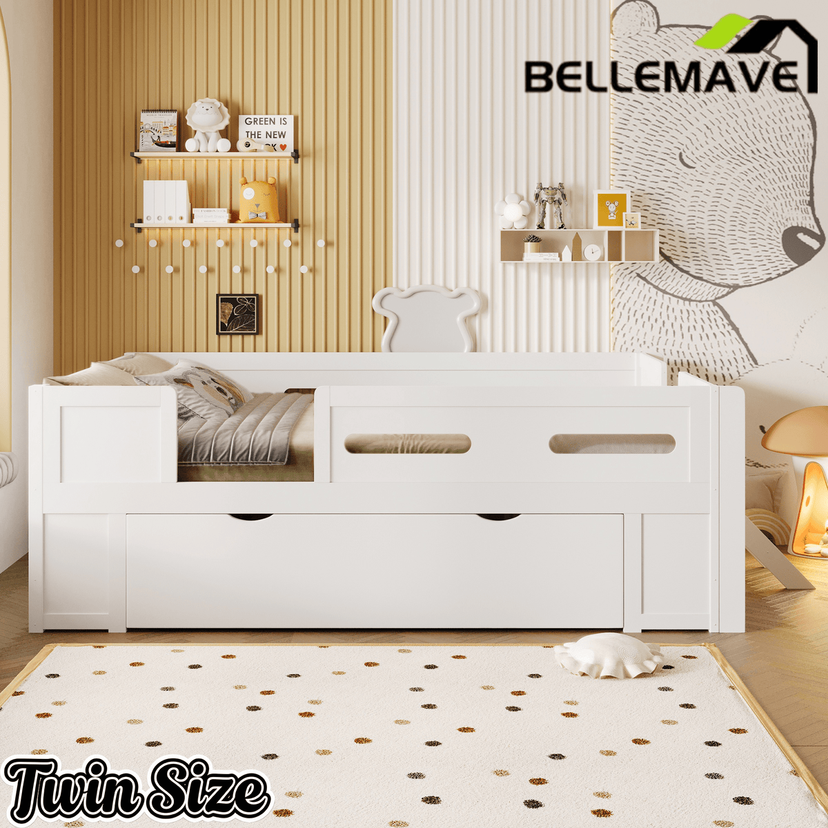 Bellemave® Wood Twin Size Montessori Bed Frame with Guardrail & 1 Large Storage Drawer & Ladder, Wood Platform Bed for Kids - Bellemave