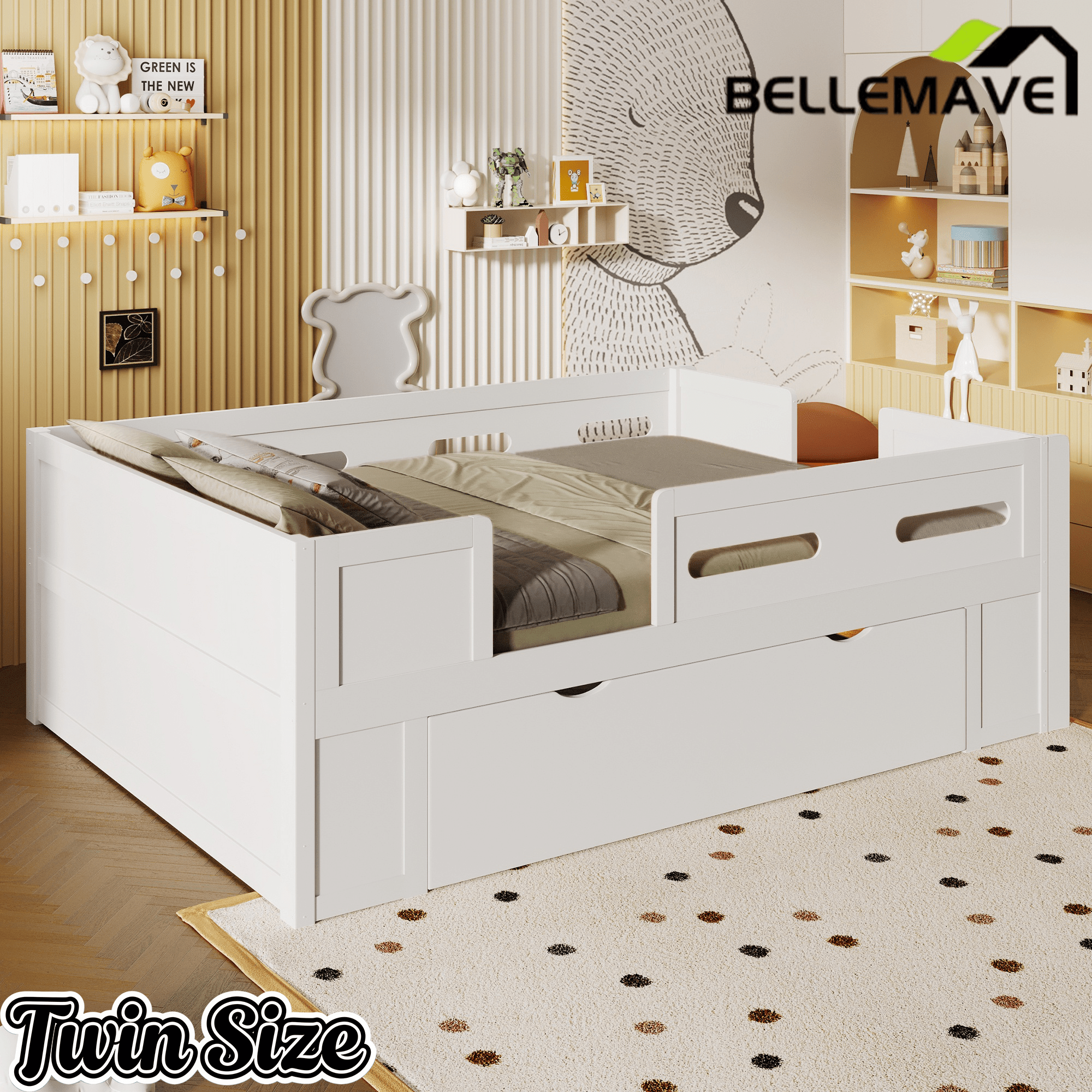 Bellemave® Wood Twin Size Montessori Bed Frame with Guardrail & 1 Large Storage Drawer & Ladder, Wood Platform Bed for Kids - Bellemave