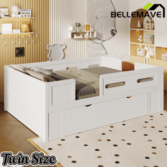Bellemave® Wood Twin Size Montessori Bed Frame with Guardrail & 1 Large Storage Drawer & Ladder, Wood Platform Bed for Kids - Bellemave