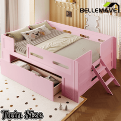 Bellemave® Wood Twin Size Montessori Bed Frame with Guardrail & 1 Large Storage Drawer & Ladder, Wood Platform Bed for Kids - Bellemave