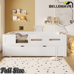 Bellemave® Wood Twin Size Montessori Bed Frame with Guardrail & 1 Large Storage Drawer & Ladder, Wood Platform Bed for Kids - Bellemave