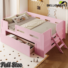 Bellemave® Wood Twin Size Montessori Bed Frame with Guardrail & 1 Large Storage Drawer & Ladder, Wood Platform Bed for Kids - Bellemave