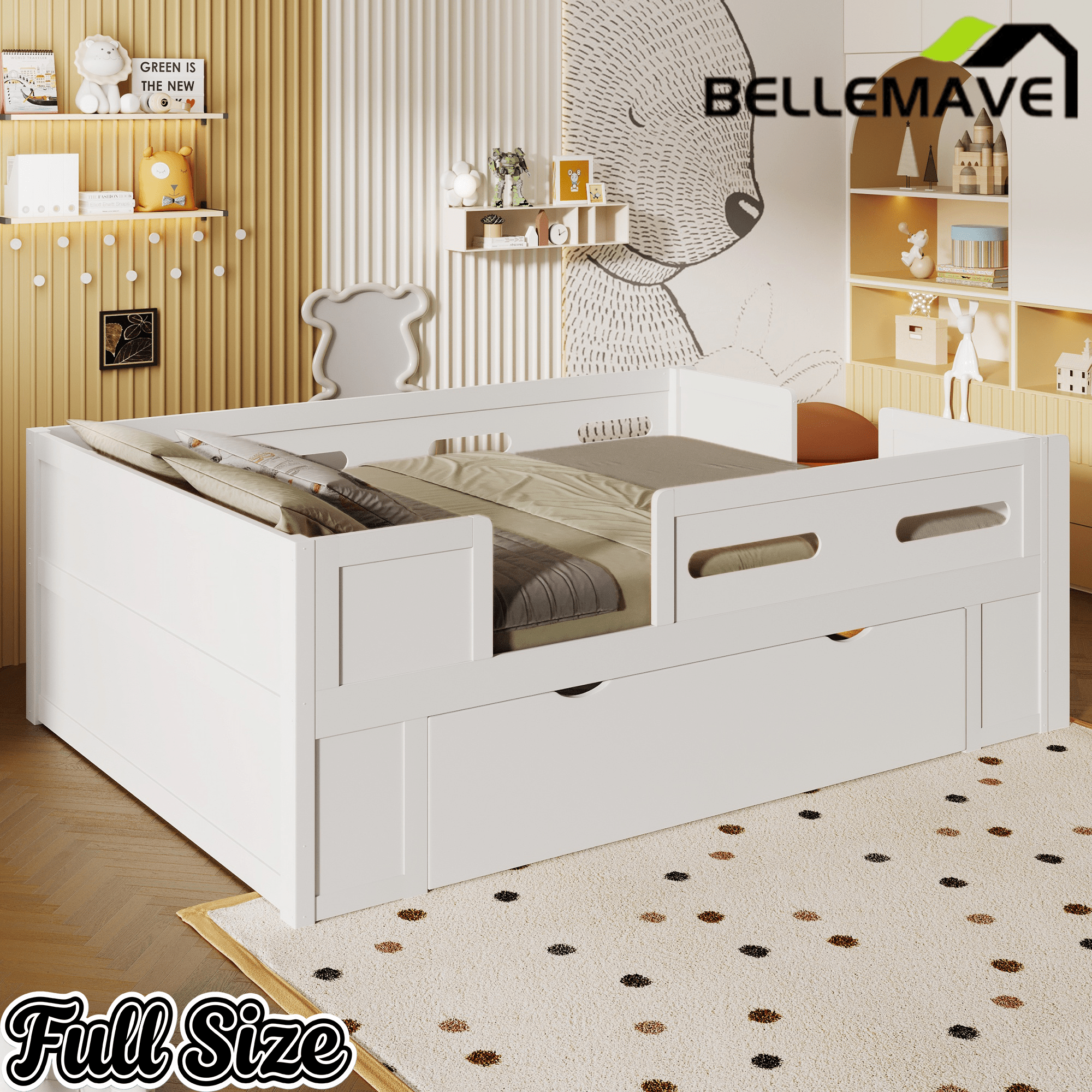 Bellemave® Wood Twin Size Montessori Bed Frame with Guardrail & 1 Large Storage Drawer & Ladder, Wood Platform Bed for Kids - Bellemave