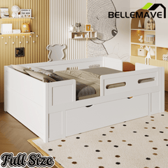 Bellemave® Wood Twin Size Montessori Bed Frame with Guardrail & 1 Large Storage Drawer & Ladder, Wood Platform Bed for Kids - Bellemave