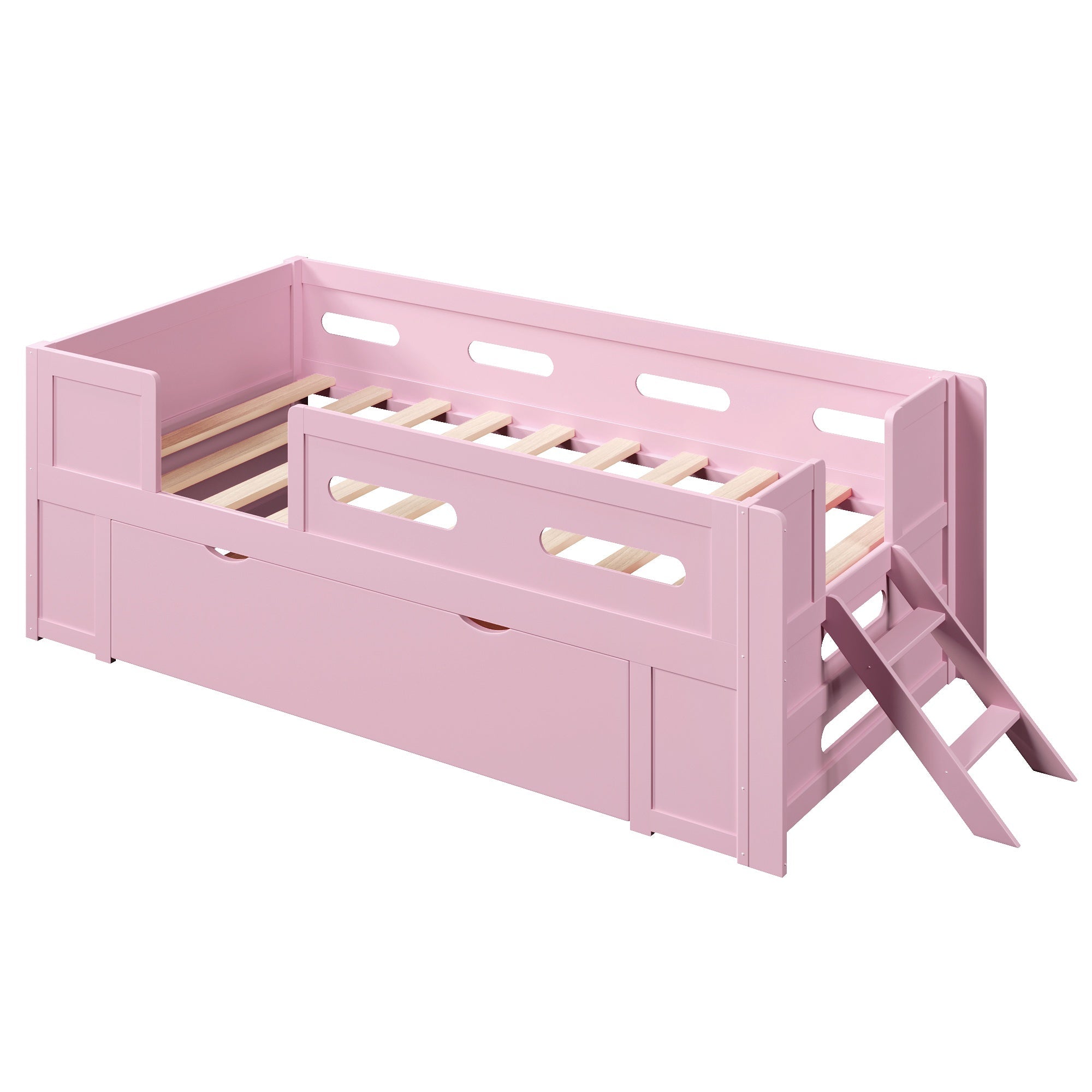 Bellemave® Wood Twin Size Montessori Bed Frame with Guardrail & 1 Large Storage Drawer & Ladder, Wood Platform Bed for Kids - Bellemave