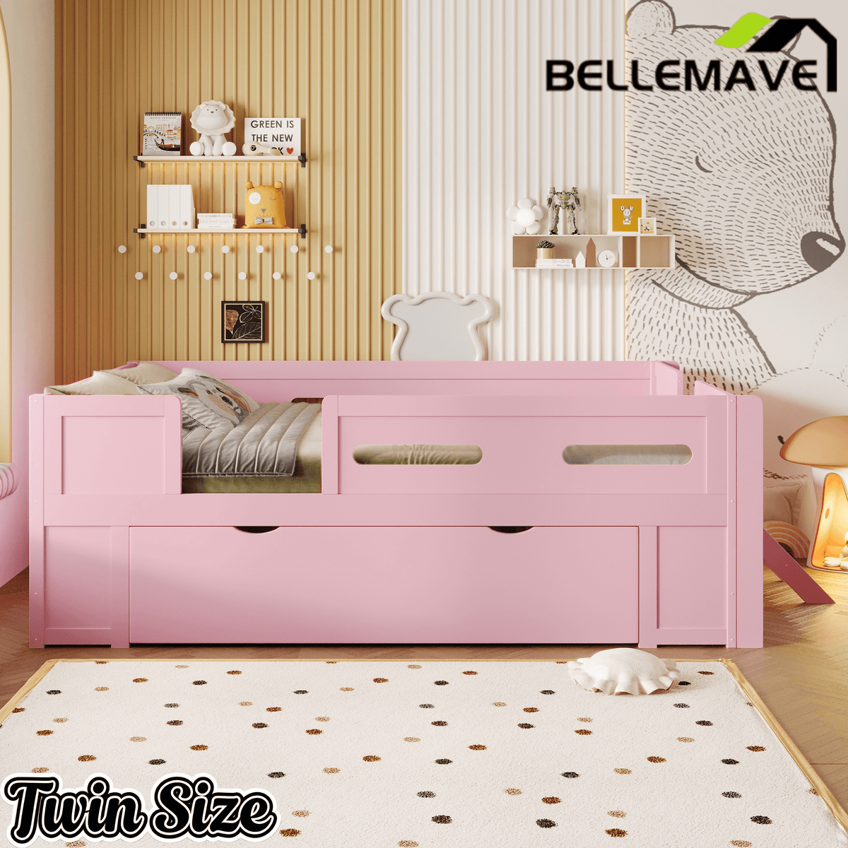 Bellemave® Wood Twin Size Montessori Bed Frame with Guardrail & 1 Large Storage Drawer & Ladder, Wood Platform Bed for Kids - Bellemave