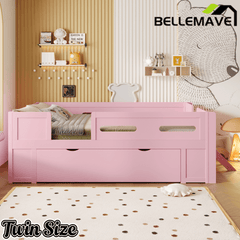 Bellemave® Wood Twin Size Montessori Bed Frame with Guardrail & 1 Large Storage Drawer & Ladder, Wood Platform Bed for Kids - Bellemave