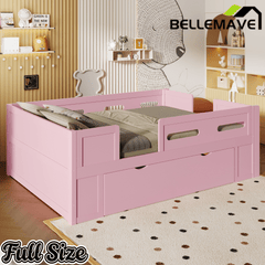 Bellemave® Wood Twin Size Montessori Bed Frame with Guardrail & 1 Large Storage Drawer & Ladder, Wood Platform Bed for Kids - Bellemave