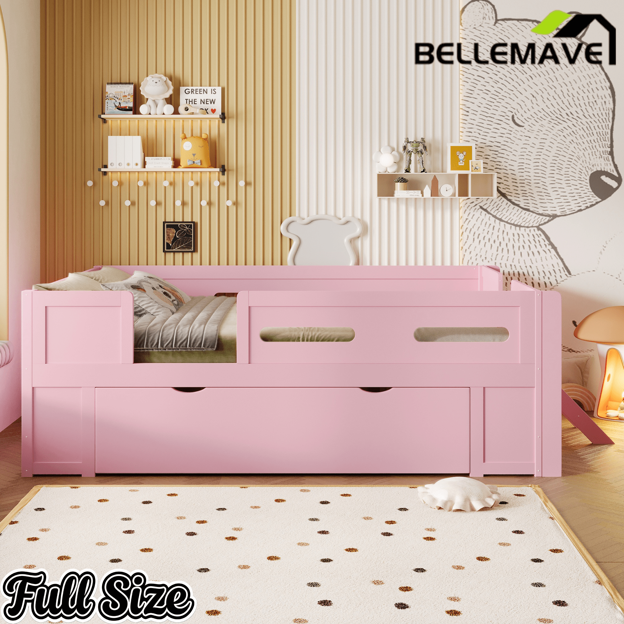 Bellemave® Wood Twin Size Montessori Bed Frame with Guardrail & 1 Large Storage Drawer & Ladder, Wood Platform Bed for Kids - Bellemave