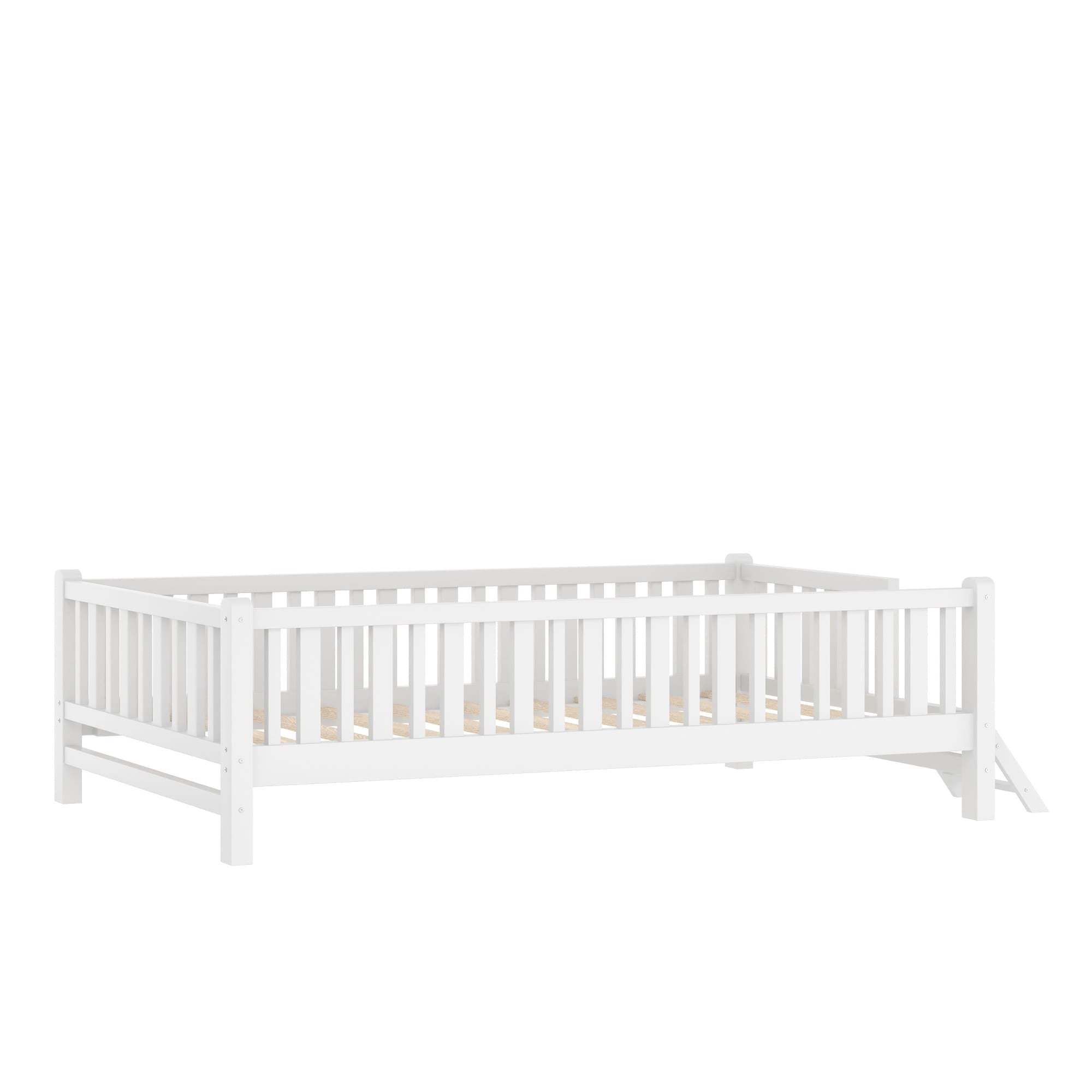 Bellemave® Wood Twin Size Platform Bed with Guardrail, Kids Bed Frame with Stairs - Bellemave