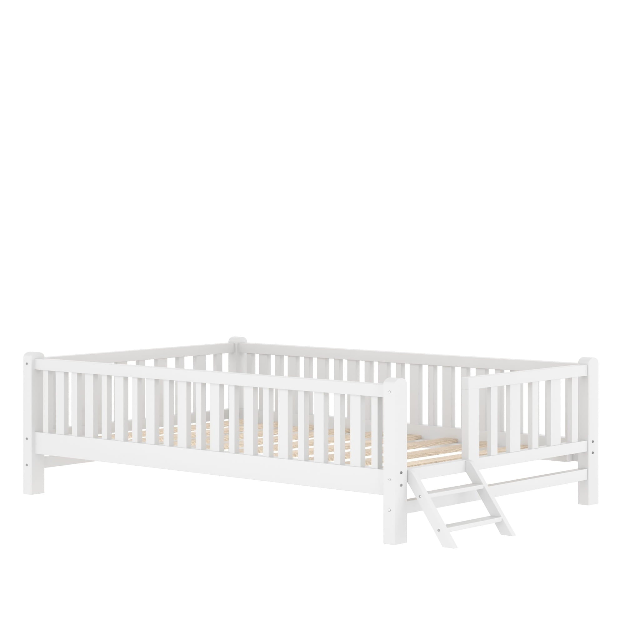 Bellemave® Wood Twin Size Platform Bed with Guardrail, Kids Bed Frame with Stairs - Bellemave