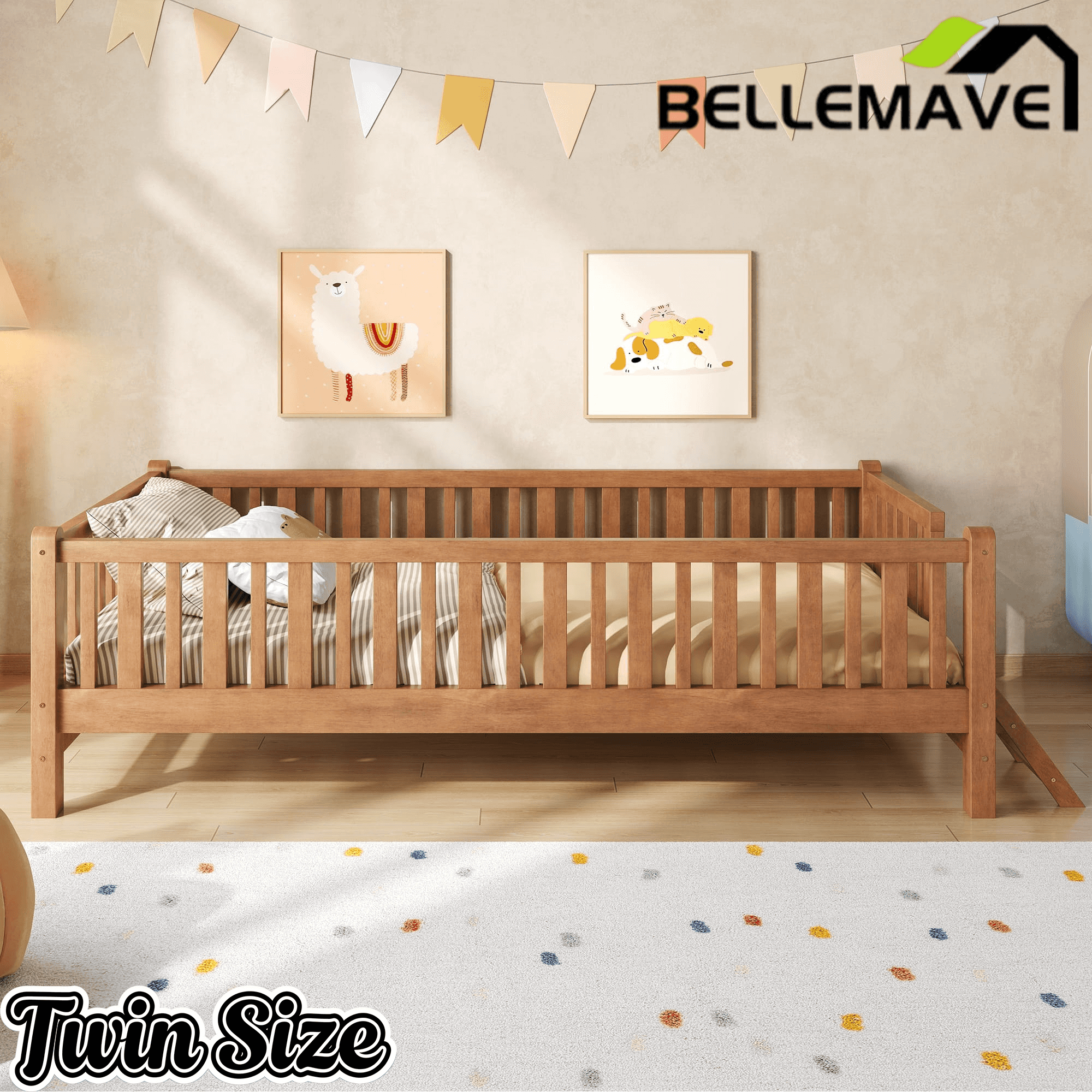 Bellemave® Wood Twin Size Platform Bed with Guardrail, Kids Bed Frame with Stairs - Bellemave
