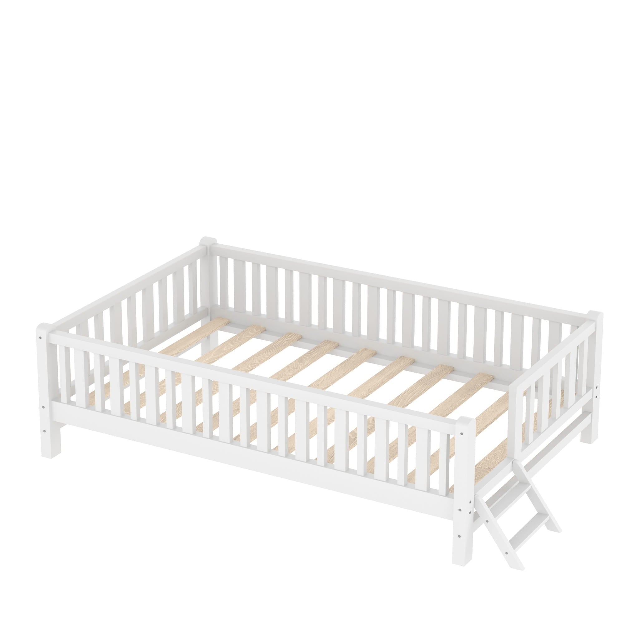 Bellemave® Wood Twin Size Platform Bed with Guardrail, Kids Bed Frame with Stairs - Bellemave