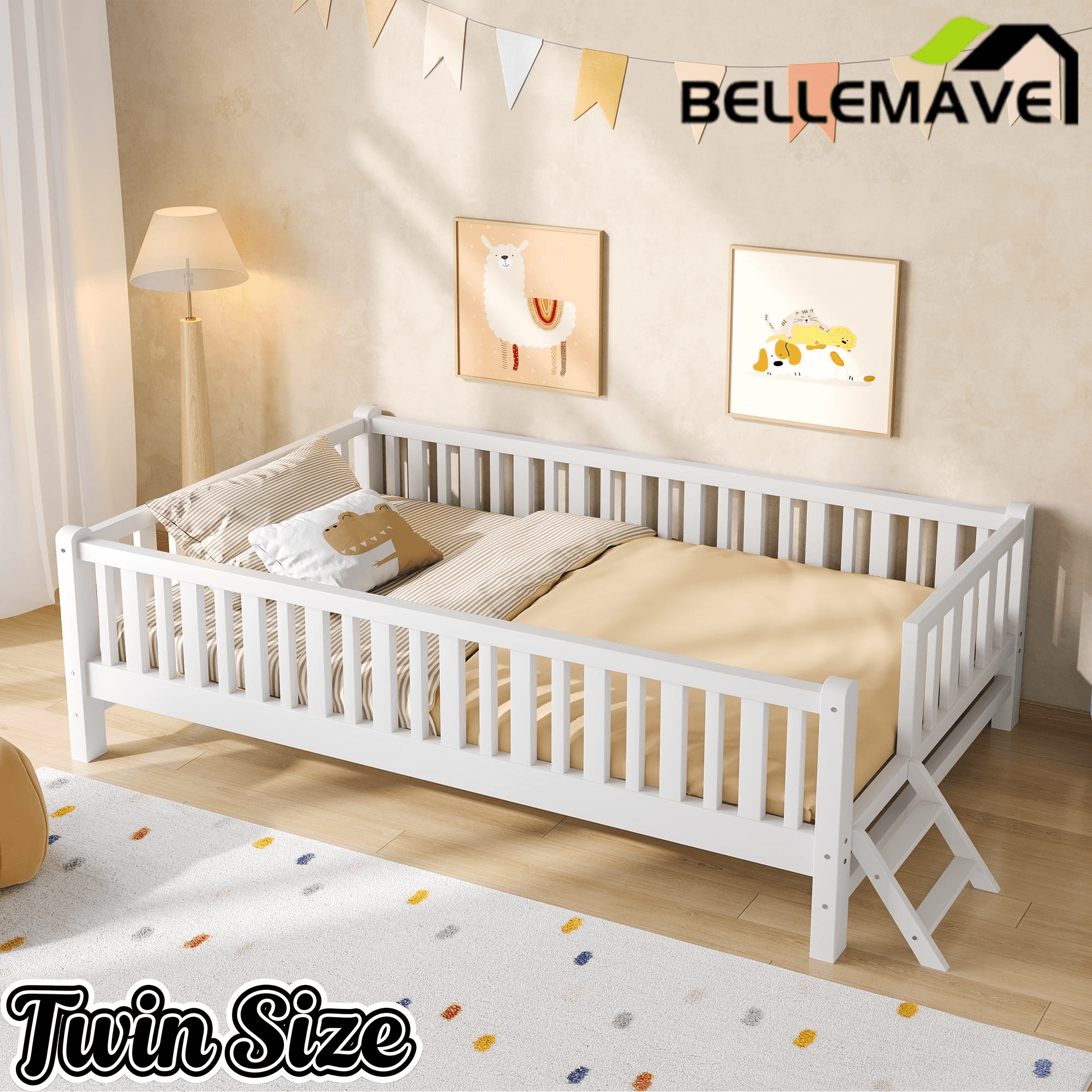 Bellemave® Wood Twin Size Platform Bed with Guardrail, Kids Bed Frame with Stairs - Bellemave