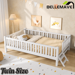 Bellemave® Wood Twin Size Platform Bed with Guardrail, Kids Bed Frame with Stairs - Bellemave