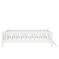Bellemave® Wood Twin Size Platform Bed with Guardrail, Kids Bed Frame with Stairs - Bellemave