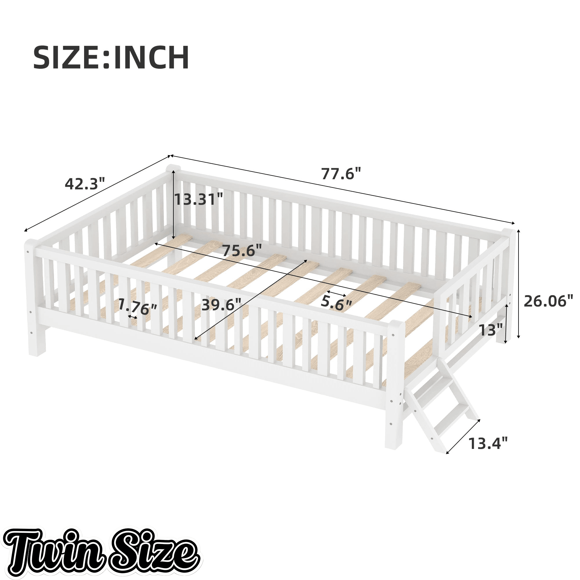Bellemave® Wood Twin Size Platform Bed with Guardrail, Kids Bed Frame with Stairs - Bellemave