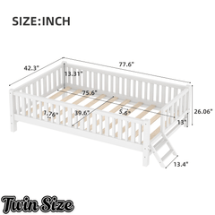 Bellemave® Wood Twin Size Platform Bed with Guardrail, Kids Bed Frame with Stairs - Bellemave