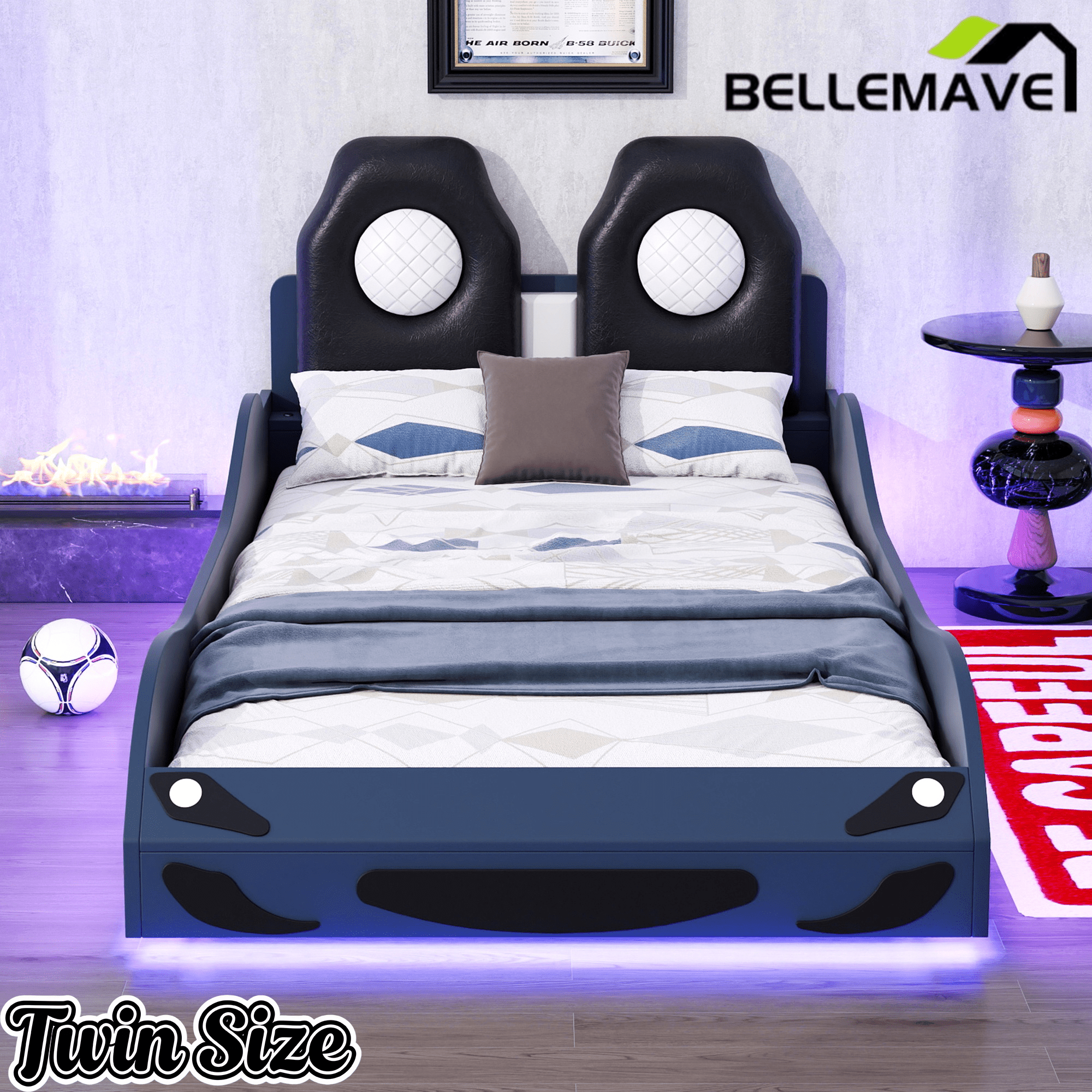 Bellemave® Wood Twin Size Race Car - Shaped Platform Bed with LED, Upholstered Backrest & Safety Guardrails for Kids - Bellemave