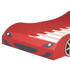 Bellemave® Wood Twin Size Race Car - Shaped Platform Bed with LED, Upholstered Backrest & Safety Guardrails for Kids - Bellemave