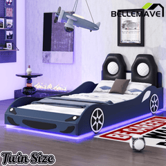 Bellemave® Wood Twin Size Race Car - Shaped Platform Bed with LED, Upholstered Backrest & Safety Guardrails for Kids - Bellemave